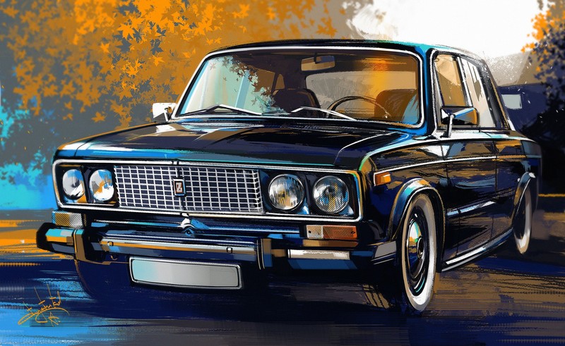 Aleksandr Sidelnikov, car, vehicle, painting, street, trees, Lada 1500, front angle view