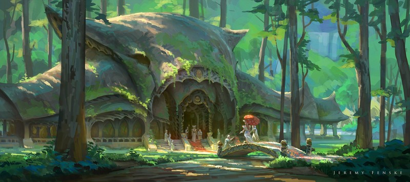Jeremy Fenske, forest, trees, house, plants, people, umbrella, bridge, moss, grass, rocks, road, men, women, building