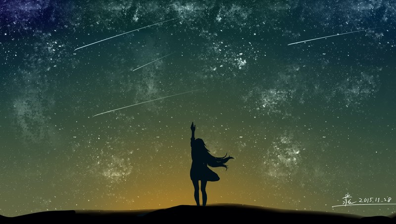 women, digital art, space, stars, anime girls