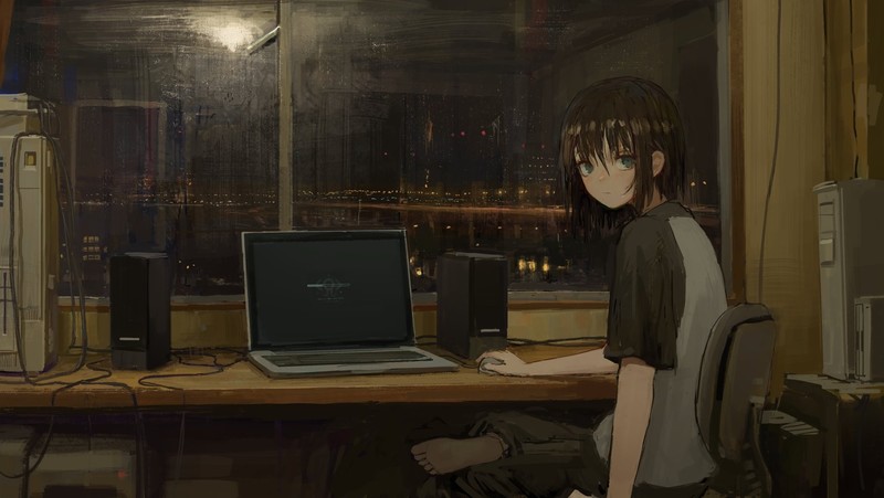 anime, anime girls, room, laptop, brunette, looking at viewer, computer, barefoot