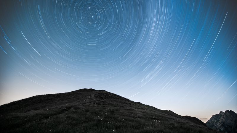 hill, mountains, starry sky, long exposure, stars, motion, 4k