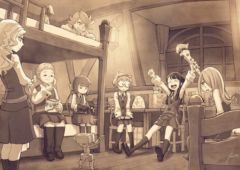 anime, anime girls, Little Witch Academia, Kagari Akko, Sucy Manbavaran, Manbavaran Sucy, Yansson Lotte, monochrome, diana cavendish, white skin, artwork