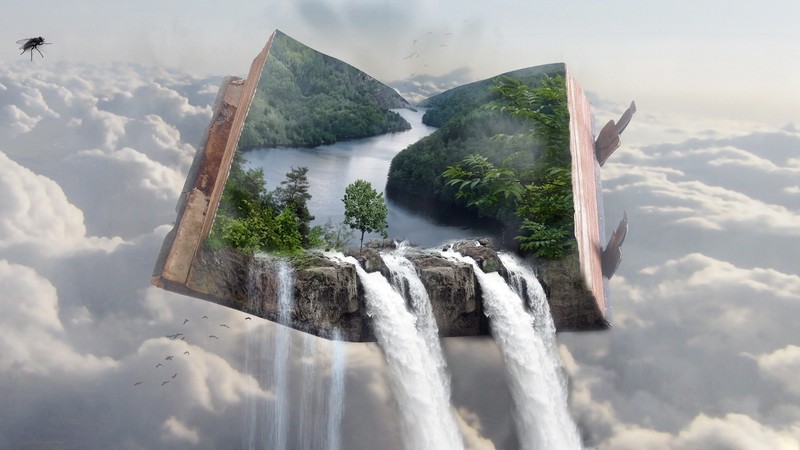 fantasy art, sky, 3D, floating, waterfall, Fly