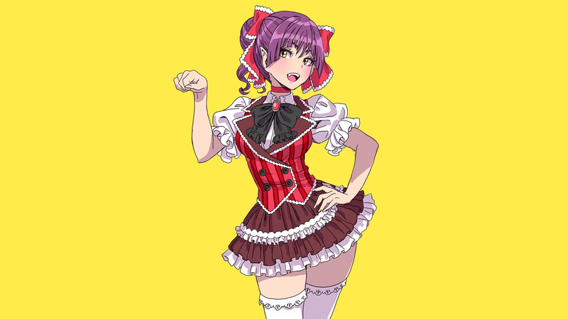 anime, manga, anime girls, yellow background, zettai ryouiki, purple hair, pointed ears, Shunya Yamashita, simple background