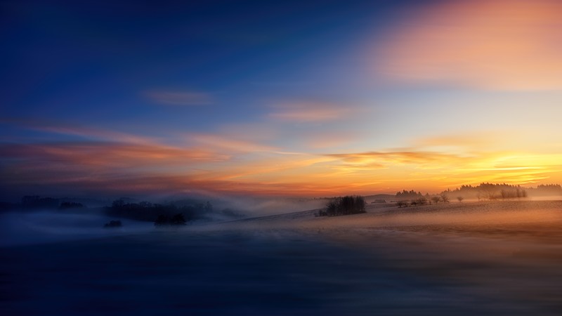 landscape, nature, sunrise, mist, field, winter