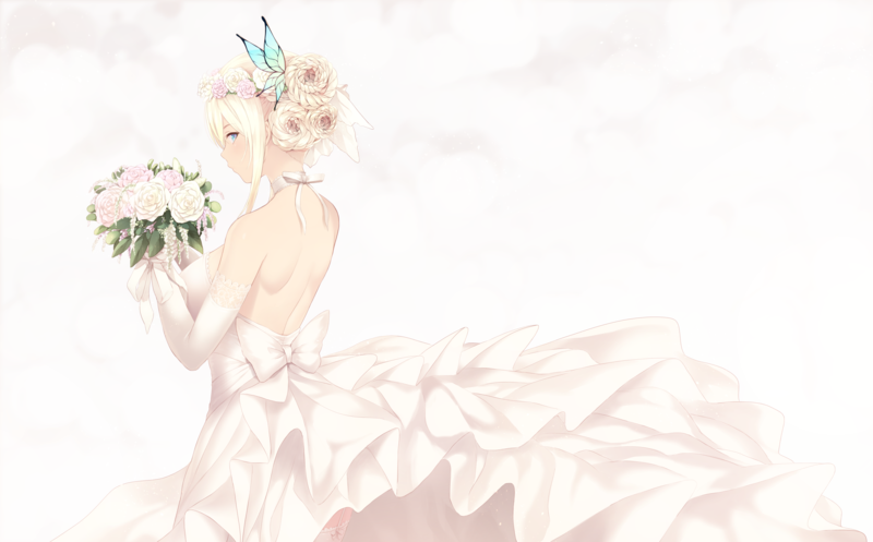 Boku wa Tomodachi ga Sukunai, Cait, dress, wedding dress, Kashiwazaki Sena, thigh-highs, stockings, blonde, headdress, bouquet, blue eyes, white background, elbow gloves