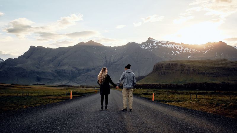 pair, love, romance, road, mountains, 4k