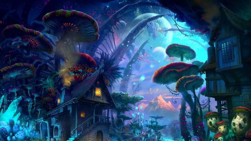 anime, magic, fantasy art, plants, house, planet, mushroom, colorful