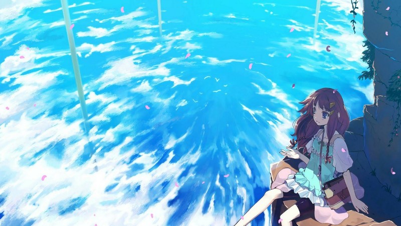 anime, anime girls, sky, clouds, brunette, flower petals, hair pins, long hair, cyan