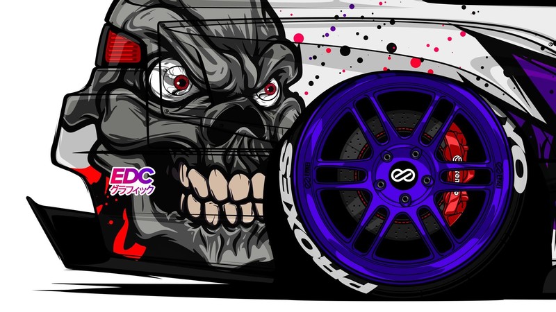 EDC Graphics, Nissan 200SX, Nissan Silvia S14, JDM, render, Japanese cars, Nissan, skull, colored wheels, wheels