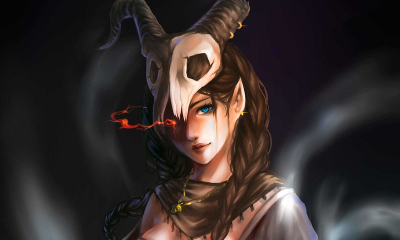 elves, women, pointed ears, skull, horns, blue eyes, magic, pendant, artwork, fantasy art, fantasy girl