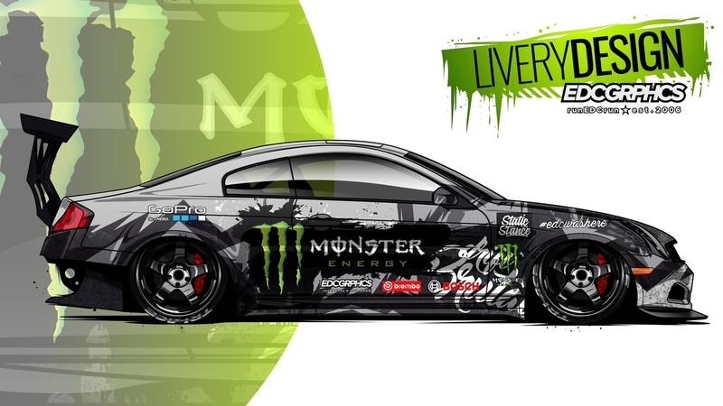 EDC Graphics, Infiniti G35, JDM, Japanese cars, Monster Energy, side view, digital art, car, vehicle