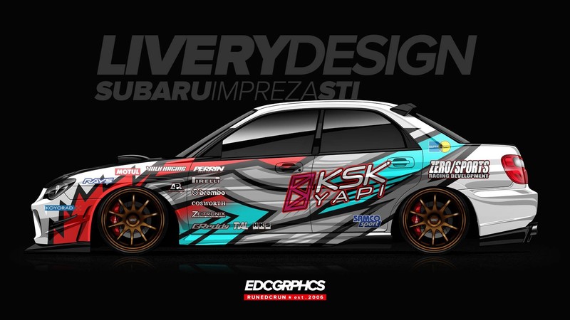 EDC Graphics, Subaru Impreza WRX STi, Subaru, JDM, render, Japanese cars, side view, digital art, car, vehicle, race cars, colored wheels