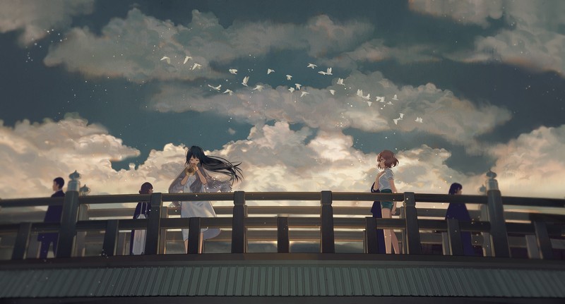 Hibike! Euphonium, birds, bridge, anime, anime girls