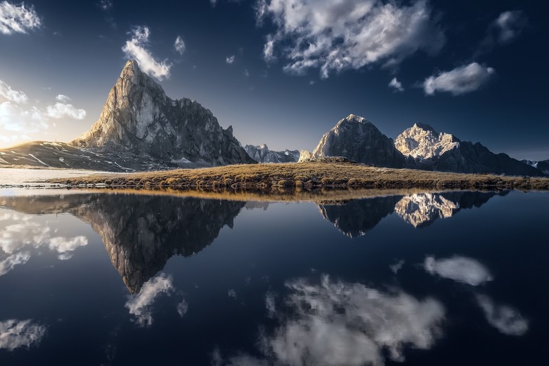 mountains, landscape, nature, blue, sky, reflection, water, clouds