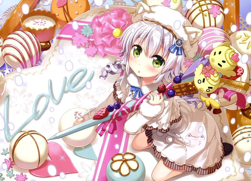anime, anime girls, minigirl, short hair, white hair, green eyes, looking at viewer, sweets, cake, animal ears, hat, blushing, open mouth, sitting