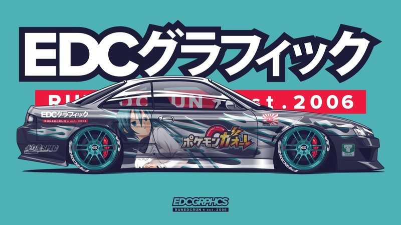 EDC Graphics, Nissan Silvia S14, render, Nissan, anime girls, JDM, Pokémon, side view, Itasha, turquoise, colored wheels