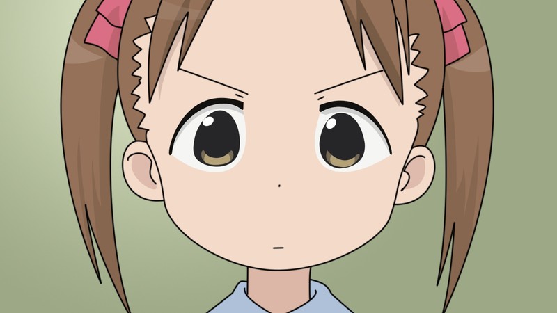 anime, anime girls, loli, white skin, Ichigo Mashimaro, brown eyes, brunette, Miu Matsuoka, simple background, Smug face, frontal view