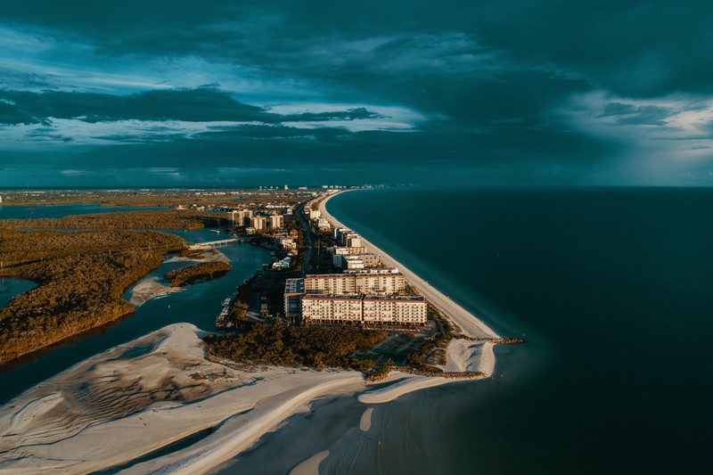 USA, shore, coast, sand, sunlight, clouds, trees, cityscape, sea, water, building