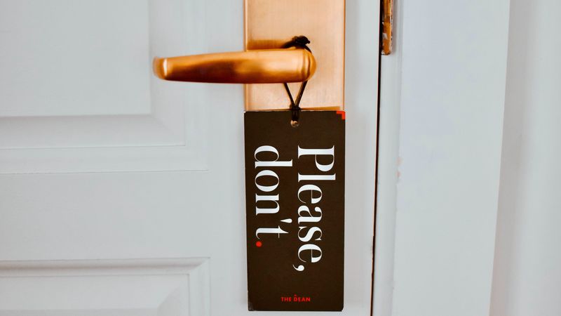 door, handle, sign, warning, inscription, 4k