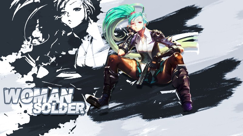 anime girls, sitting, spread legs, red eyes, gun, weapon