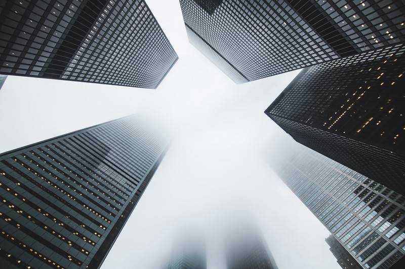 skyscraper, clouds, building, city, mist