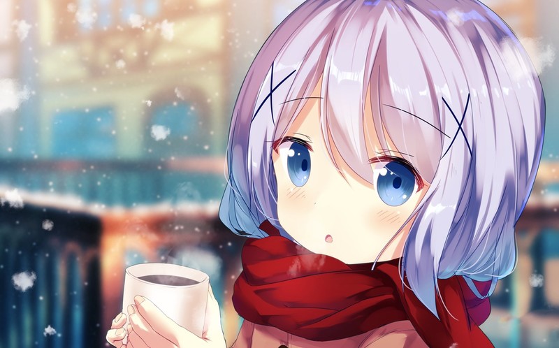 anime, anime girls, Kafuu Chino, Gochuumon wa Usagi Desu ka?, Gochuumon wa Usagi Desu ka, blue eyes, white hair, fan art, winter, white skin, coffee, loli, blue