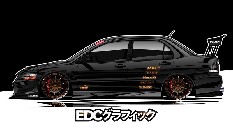 EDC Graphics, Mitsubishi Lancer Evolution, JDM, render, car, artwork, black cars, vehicle, Japanese cars, Mitsubishi Lancer, Mitsubishi Lancer EVO, Mitsubishi, side view