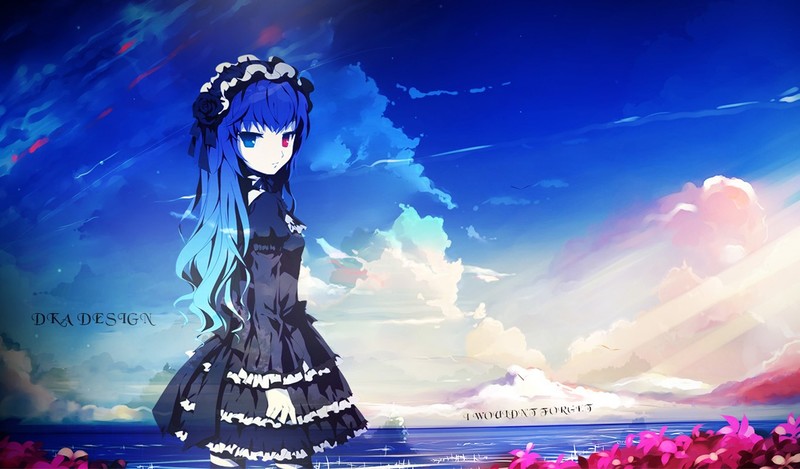 anime girls, manga, heterochromia, gothic lolita, blue hair, text