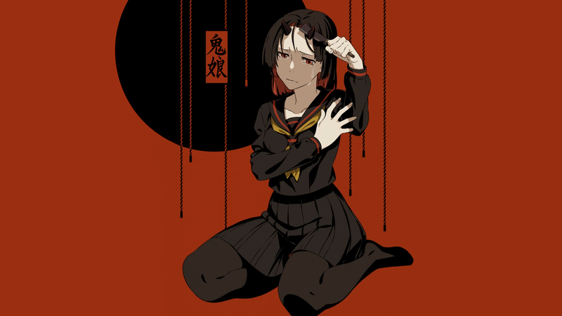 anime, manga, anime girls, simple background, minimalism, Oni, demon, Japan, sailor uniform, demon horns, crying, tengu