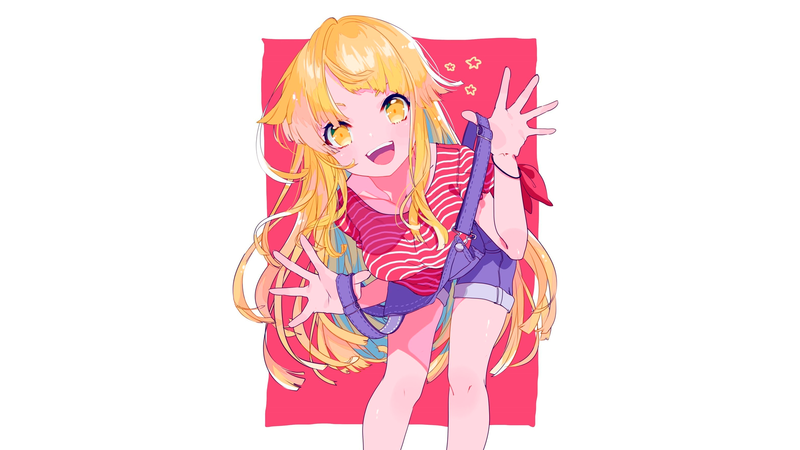 anime, manga, anime girls, simple background, minimalism, blonde, white background, overalls, long hair