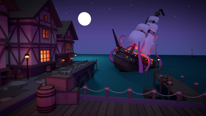 digital art, ship, sea, sailing ship, sea monsters, tentacles, octopus, night, pier, house, Moon, stars, lights, Kraken