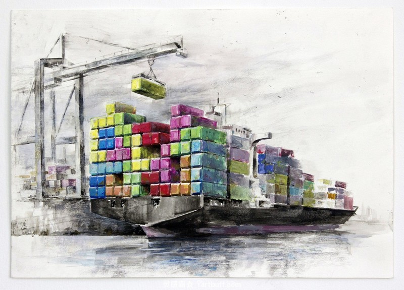 digital art, ship, sea, Tetris, bricks, dock, cranes (machine), 3D, colorful, loading