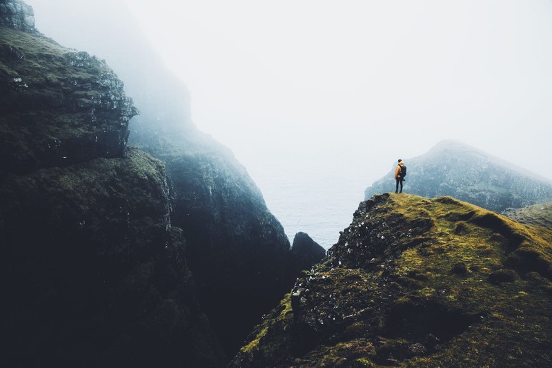 landscape, men, mountains, mist