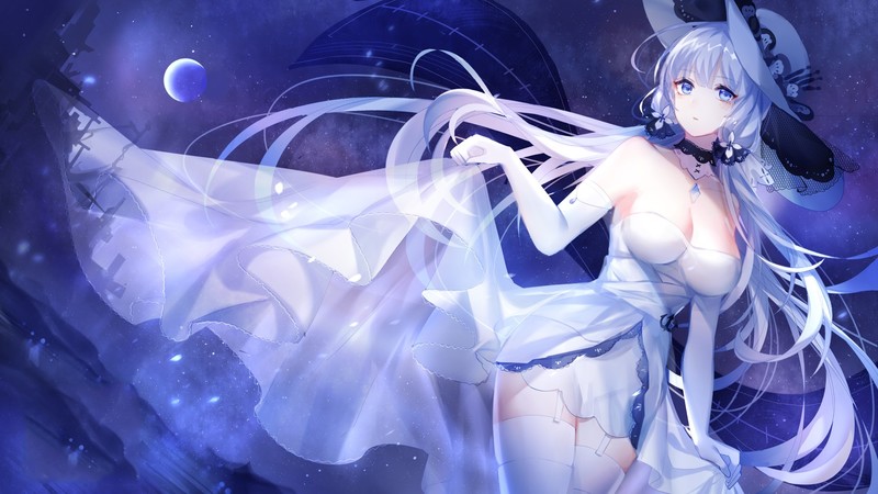 anime, anime girls, white hair, long hair, Azur Lane, white dress, blue eyes, hat, bare shoulders, collar, gloves, white gloves, elbow gloves, Moon, night sky, Illustrious (Azur Lane)