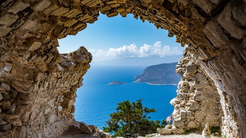 sea, cave, rocks, island, Rhodes, Greece, clouds, blue, stone arch, ruin, sky, sky blue