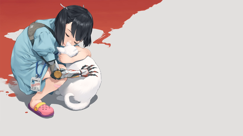 anime, manga, anime girls, simple background, sad, blood, cats, gray background, cybernetics, experiments