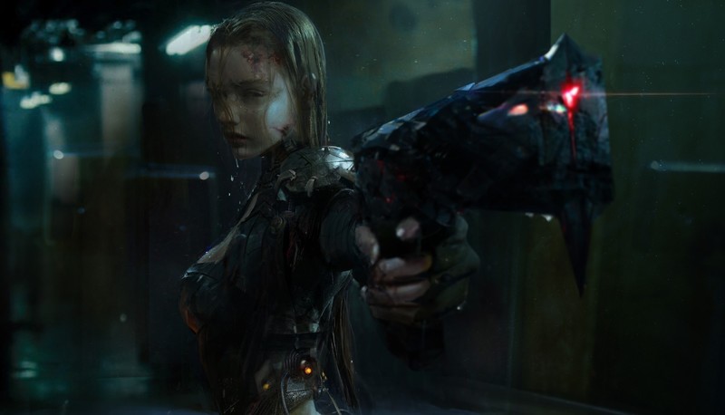 cyberpunk, gun, women, rain, science fiction