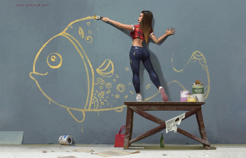 artwork, women, fish, paintbrushes