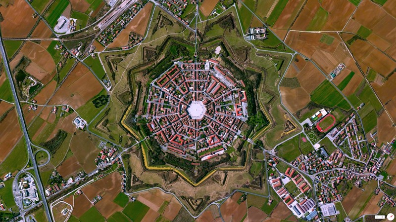 nature, landscape, aerial view, trees, Palmanova, Italy, monastery, fort, architecture, town, road, field, house, rooftops, geometry