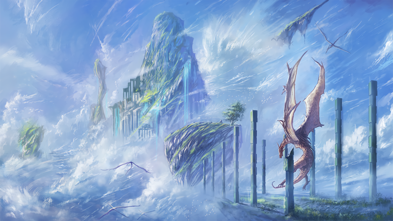 digital art, dragon, clouds, pillar