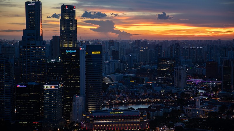 sunset, lights, cityscape, building, Singapore, The Fullerton Hotel