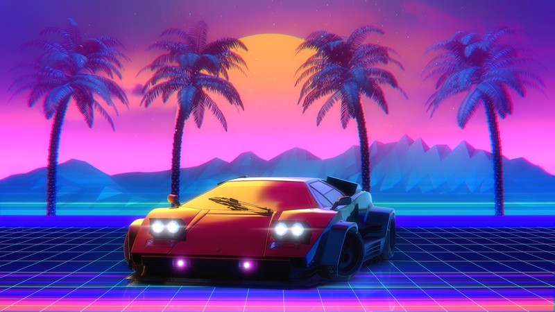 car, Lamborghini Countach, palm trees, pop-up headlights