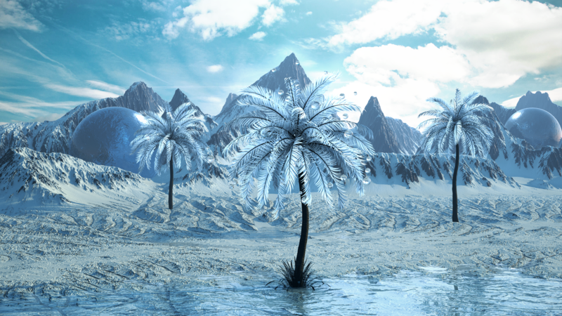 Cinema 4D, landscape, 3D Abstract, digital art, cyan, ice, frost, snow, mountains, palm trees