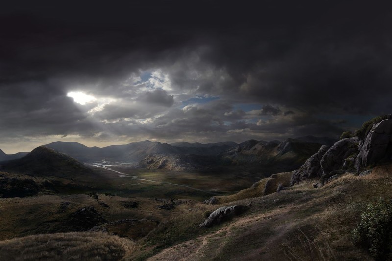 nature, landscape, mountains, clouds, Jack Moik, sun rays, digital art, painting, valley, river, rock