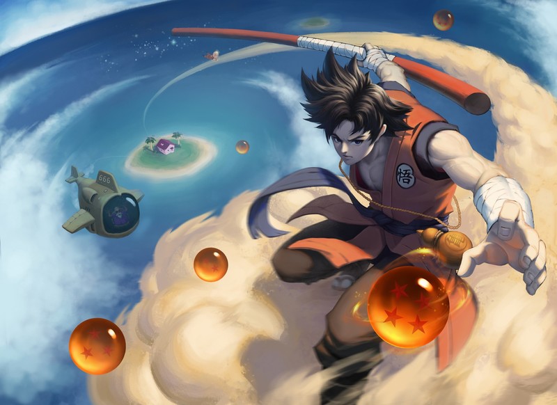 Son Goku, Dragon Ball, staff, men, island, balls, Master Roshi