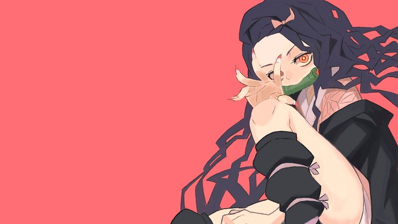 anime, manga, anime girls, simple background, red, red eyes, minimalism, kimono, brunette, Kimetsu no Yaiba, Kamado Nezuko