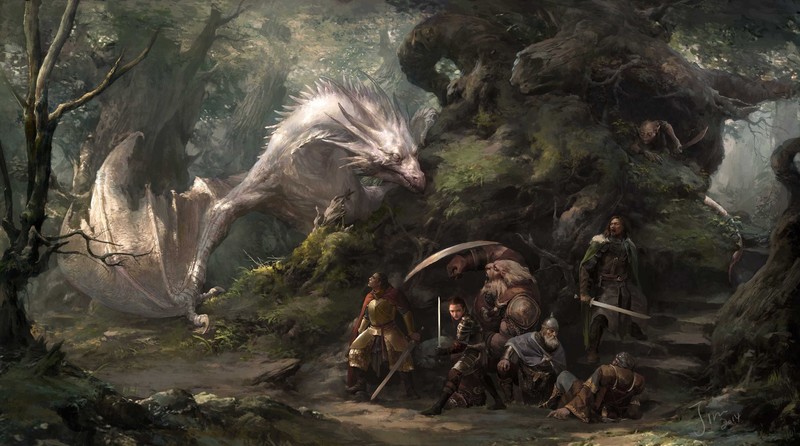xiaodi jin, concept art, dragon, forest, people, warrior, shield, sword, leather armor, moss, landscape, men, women, trees, rocks, plants