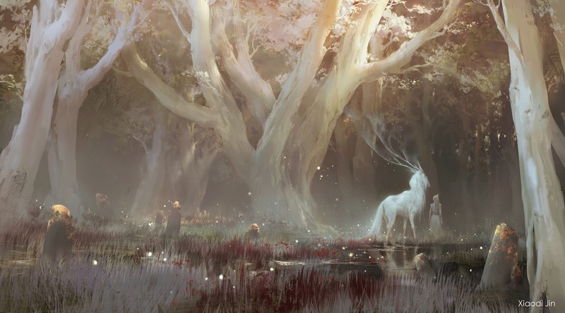 xiaodi jin, concept art, landscape, forest, women, trees, grass, deer, stones