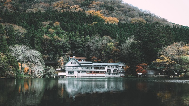 landscape, mountains, plants, lagoon, water, house, trees, reflection